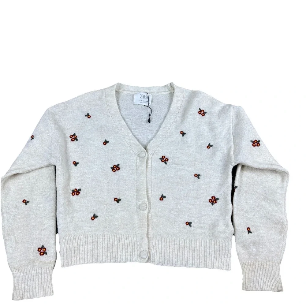 Zara Girls Cream Floral‎ Embroidered Cardigan 13 14 Cropped V Neck Knit